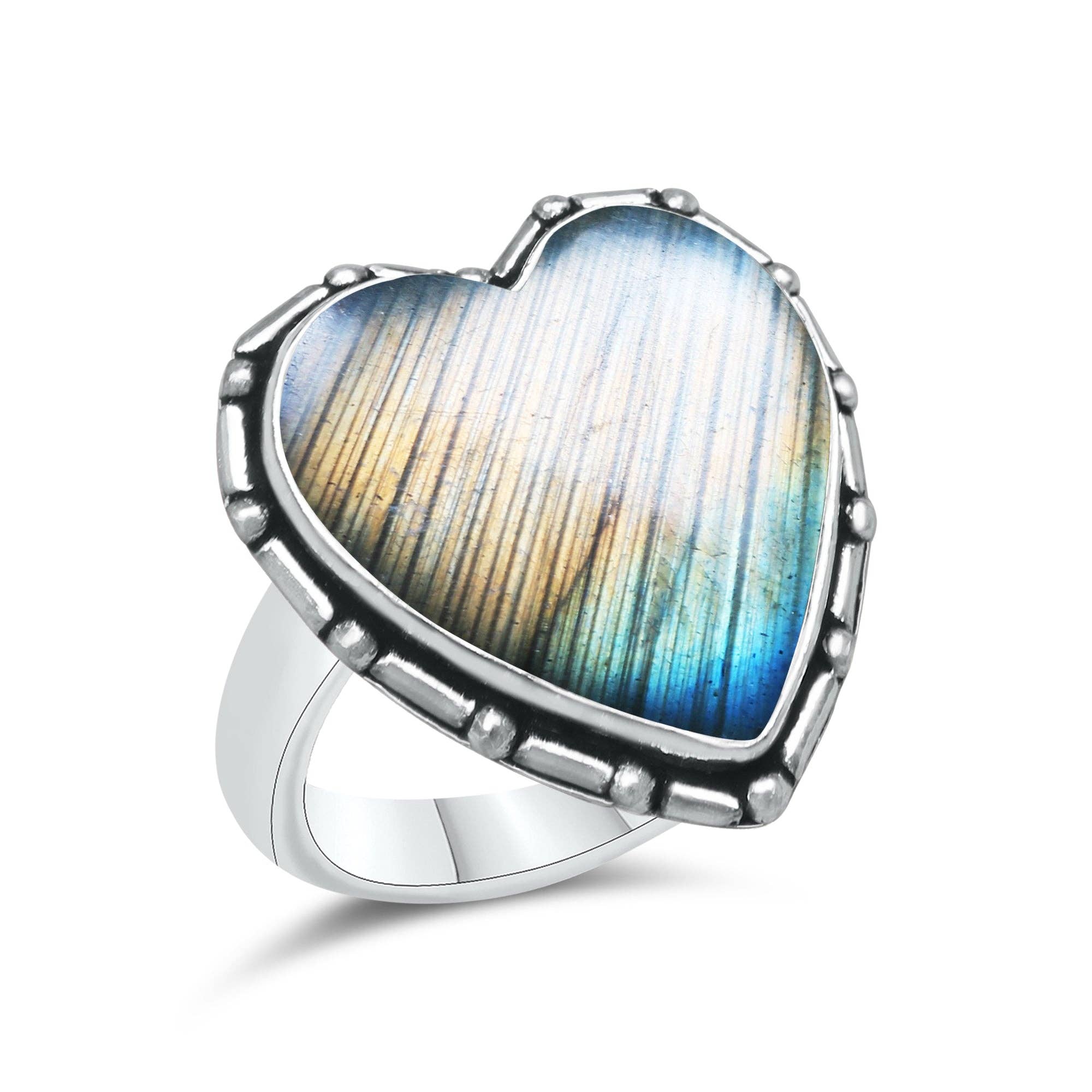 Labradorite Heart Rings – Silver-Plated, Handmade, Blue Flash (US Sizes 6–10, Non-Adjustable) | Wholesale: 10 Rings