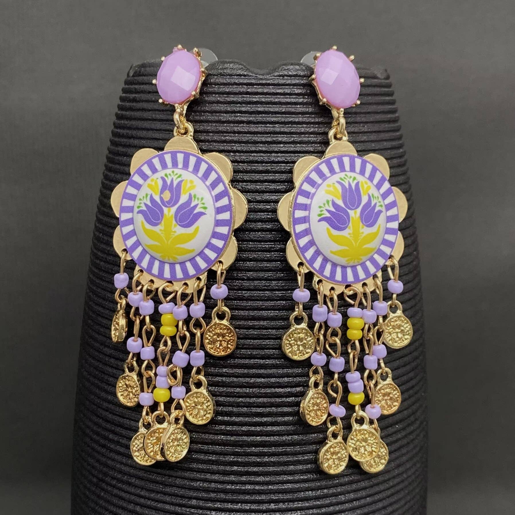 Enamel Tulip Flower Coin Tassel Dangle Earrings: Red