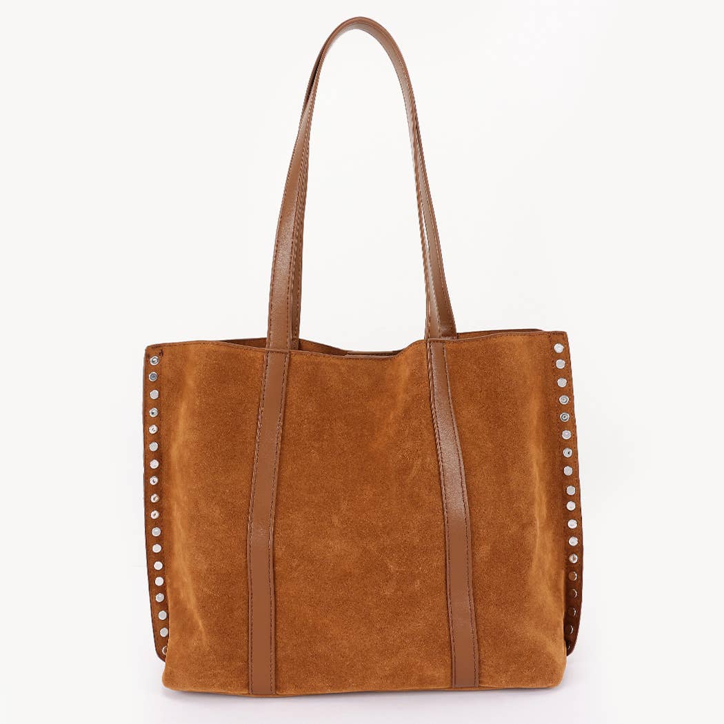 Faux Suede Orng Studded Tote Bag: CM