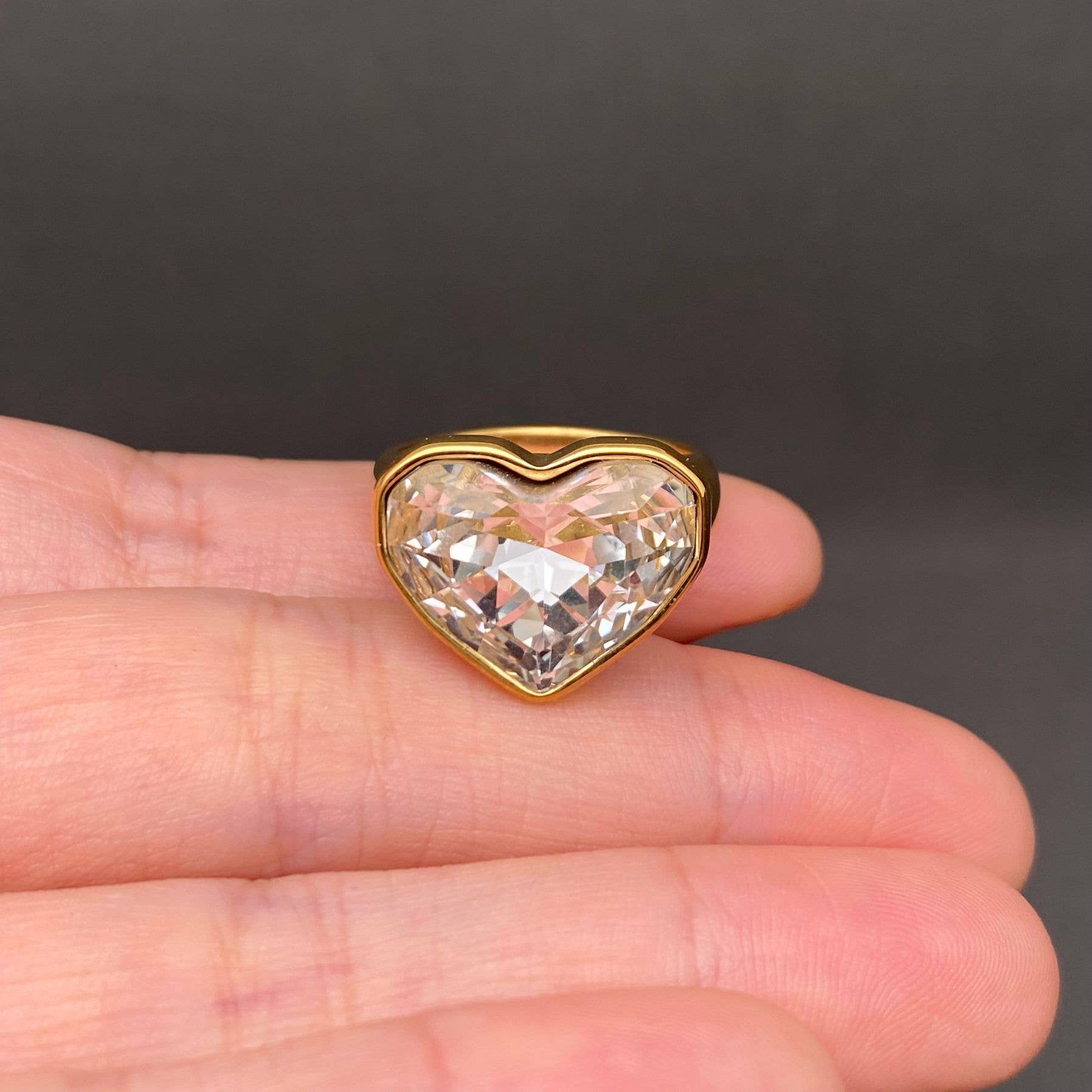 Heart Zircon 18K Gold Plated Stainless Steel Ring - FGS: Pink