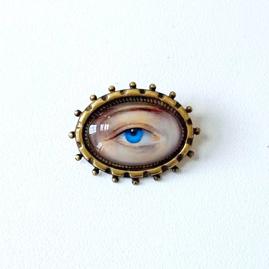 You Choose Lovers Eye Oval Brass Brooch Vintage Victorian: #1 Blue Eye Black Patina