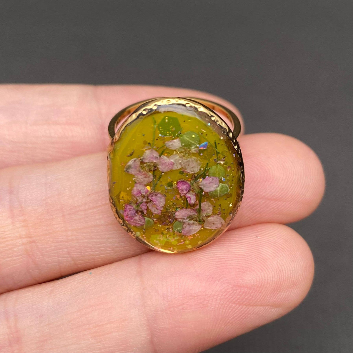 Dried Flowers Floral Oval 18K Golden SS Adjustable Ring -PDF: F