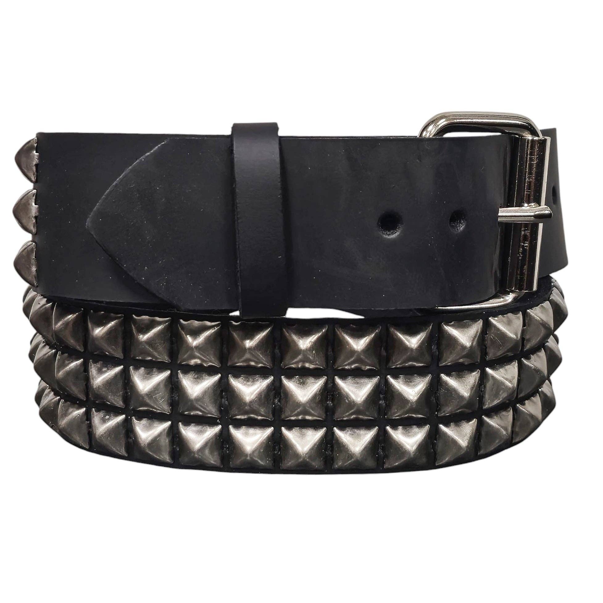 Genuine Leather Three Row Silver Studded Belt 43-48 Waist