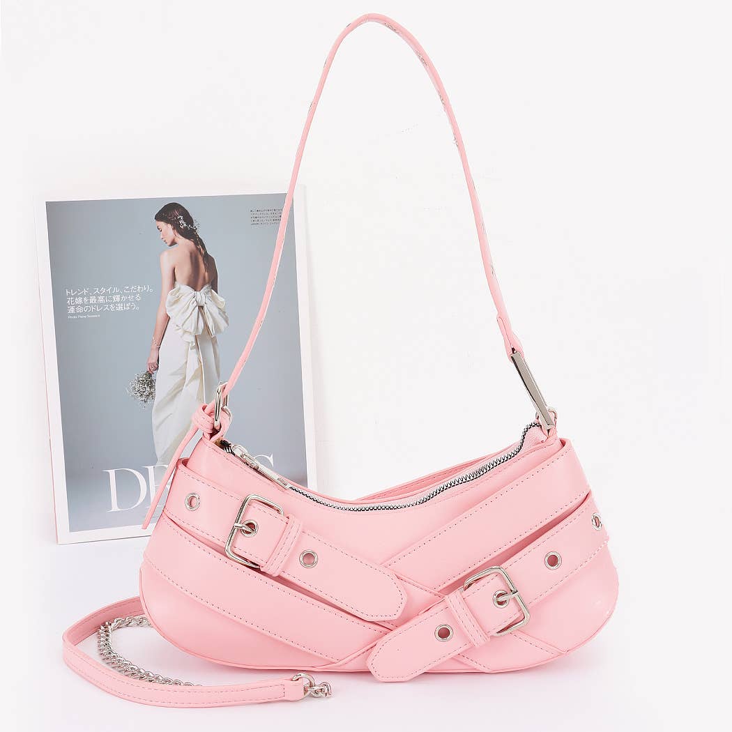 Faux Leather Burg Multi Buckles Shoulder Bag