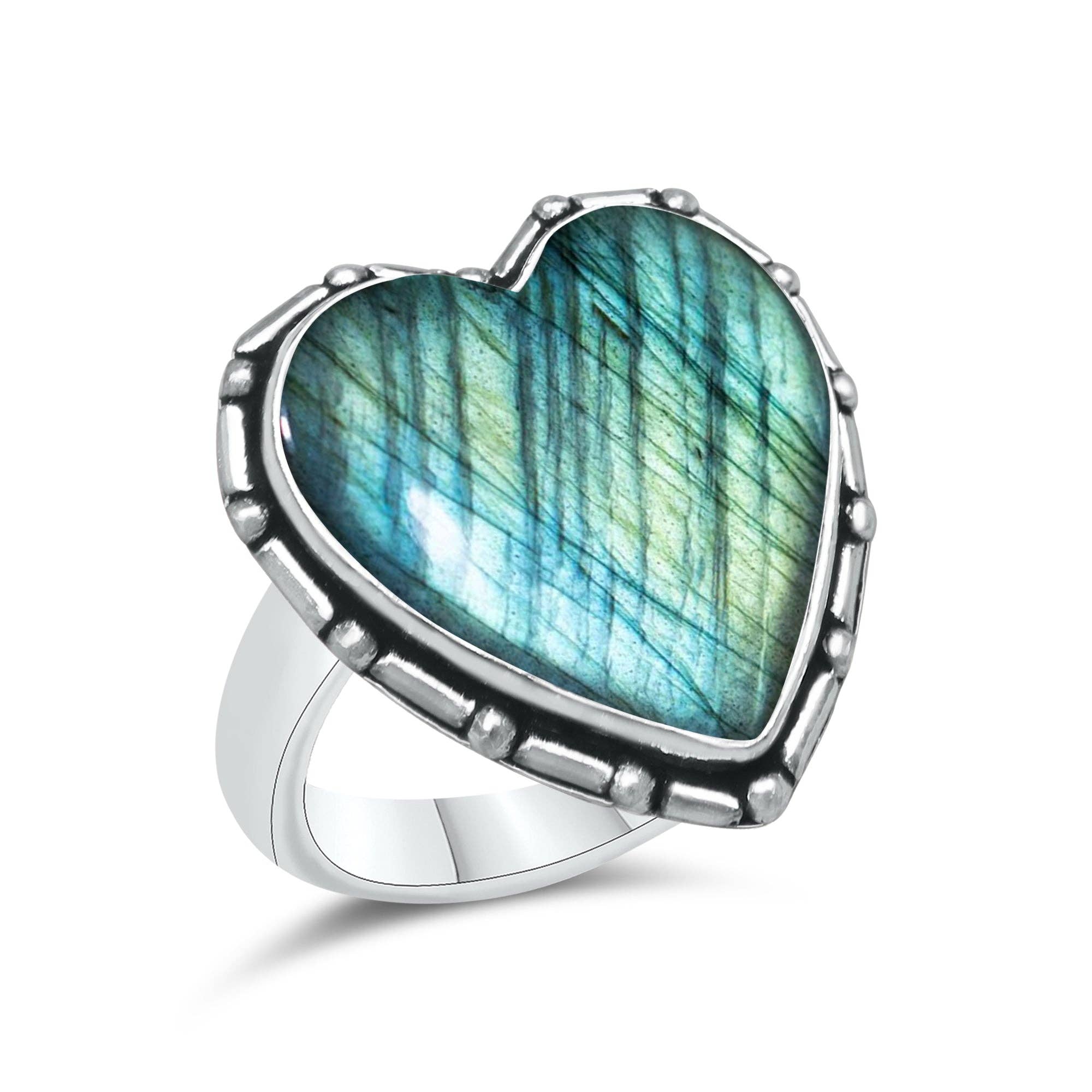 Labradorite Heart Rings – Silver-Plated, Handmade, Blue Flash (US Sizes 6–10, Non-Adjustable) | Wholesale: 10 Rings
