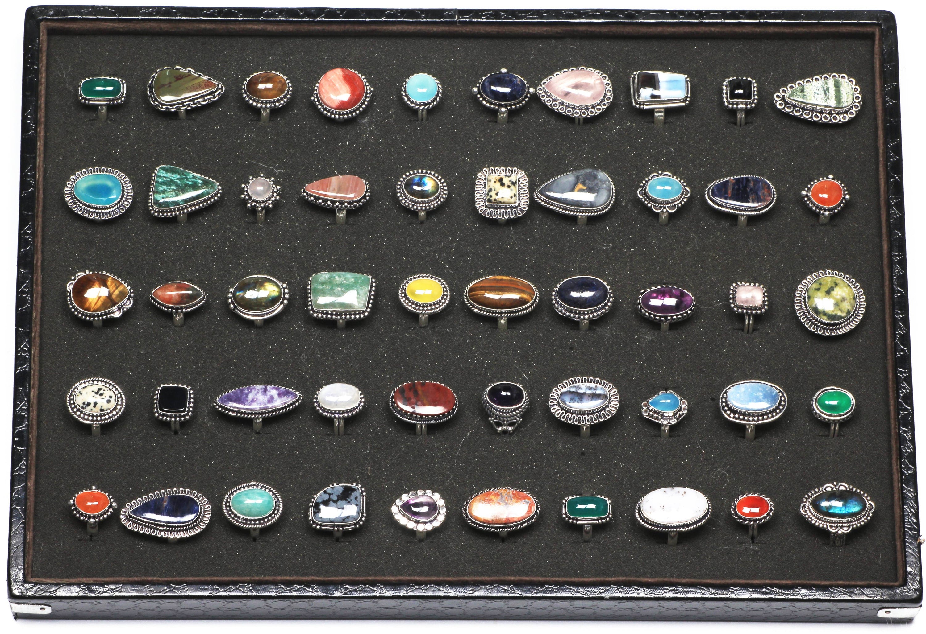 Bohemian Crystal Rings Set - Silver Plated, Mixed Sizes, Assorted Designs: Gold / 10 Rings