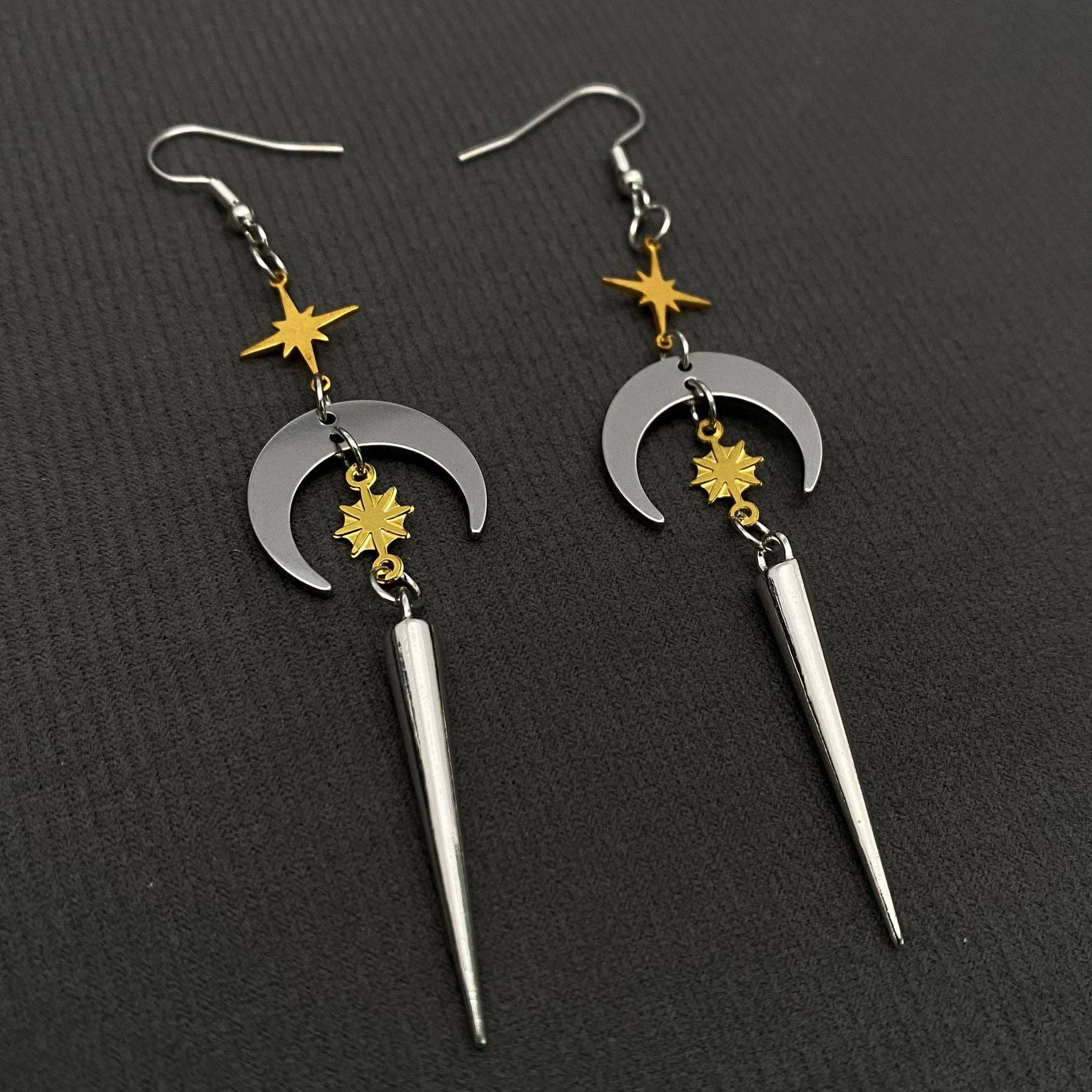 Two Tone Cone & Star & Moon Dangle Earrings - MS
