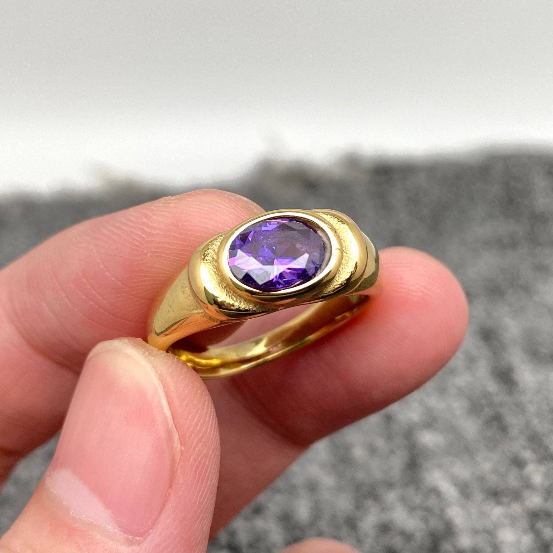 Inlaid CZ 18K Gold Plated Stainless Steel Ring - FGS: Black / 10