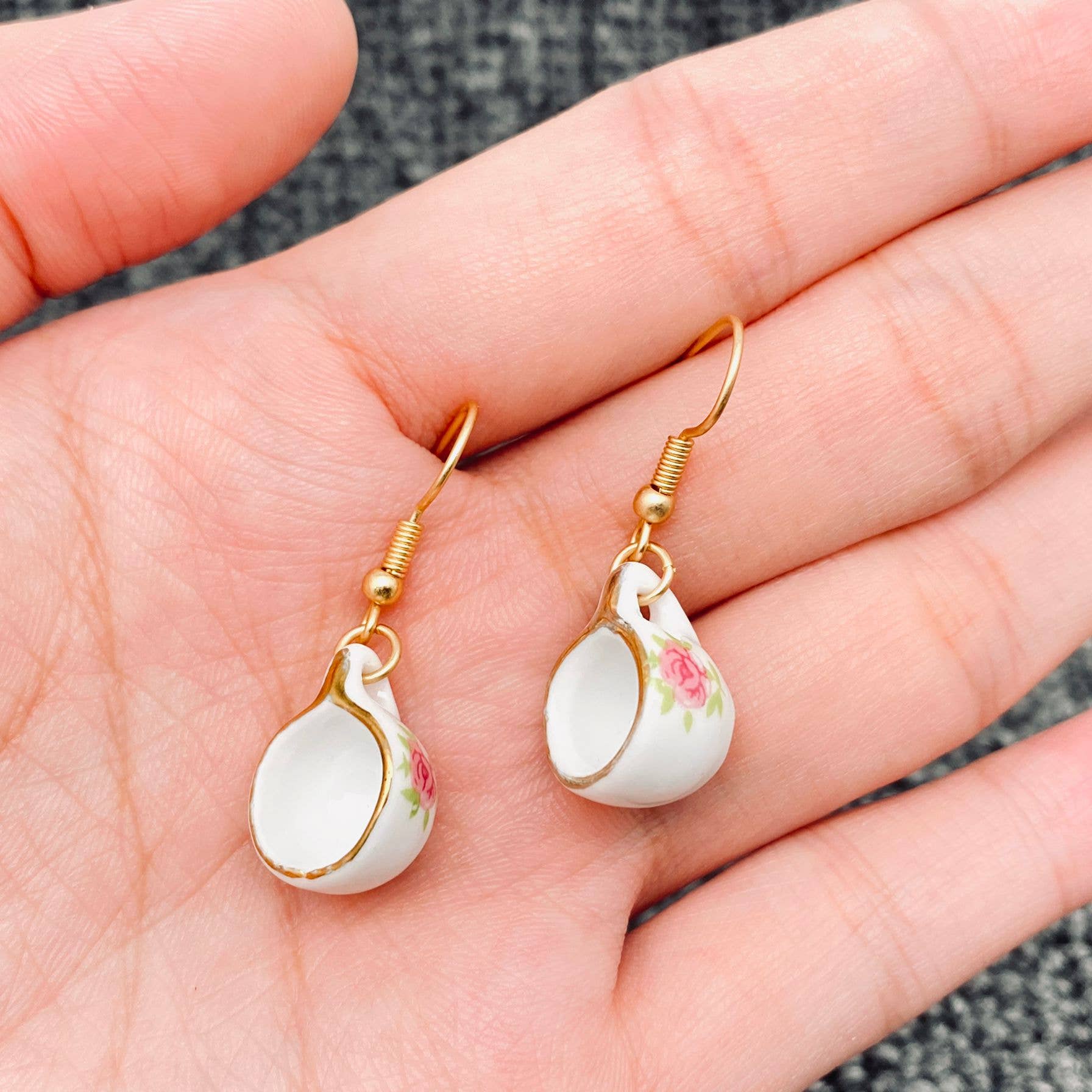 Pink flower Ceramic Teapot & Tea Cup Charm Dangle Earrings: Tea cup