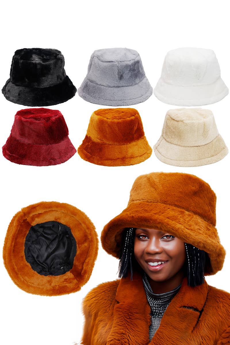 Cap Zone - Oversized Fluffy Faux Fur Bucket Hat