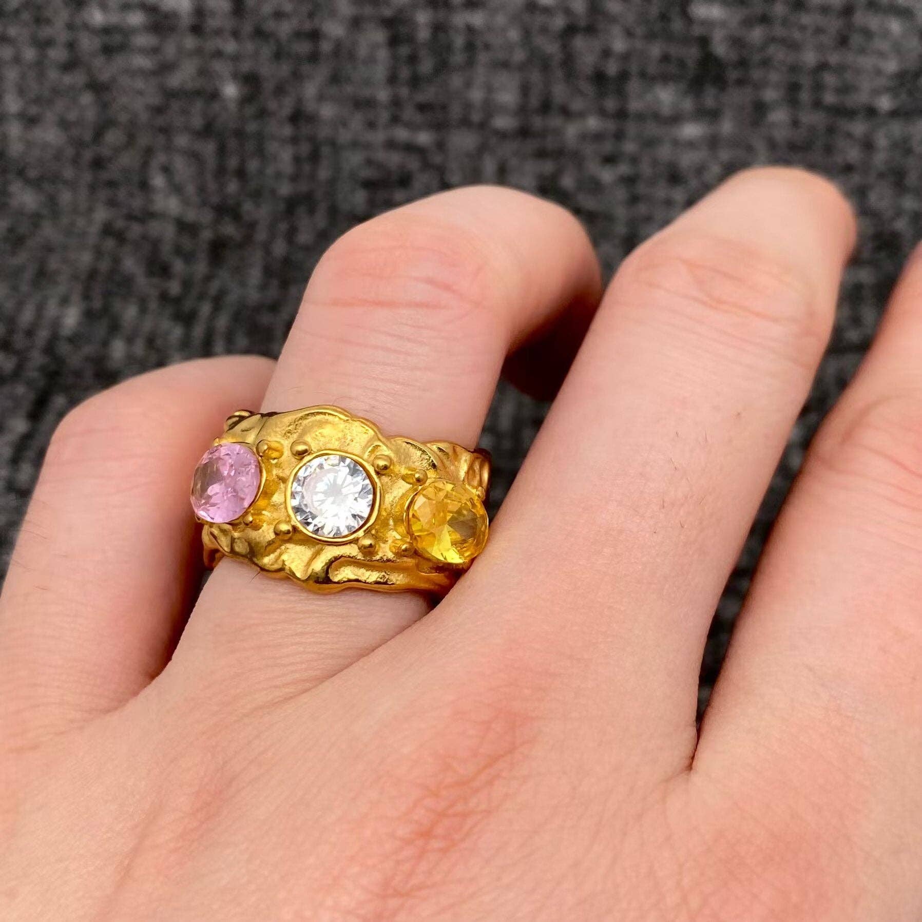 Inlaid Zircon 18K Gold Plated S.Steel Irregular Texture Ring - FGS: Clored zirconia / 8