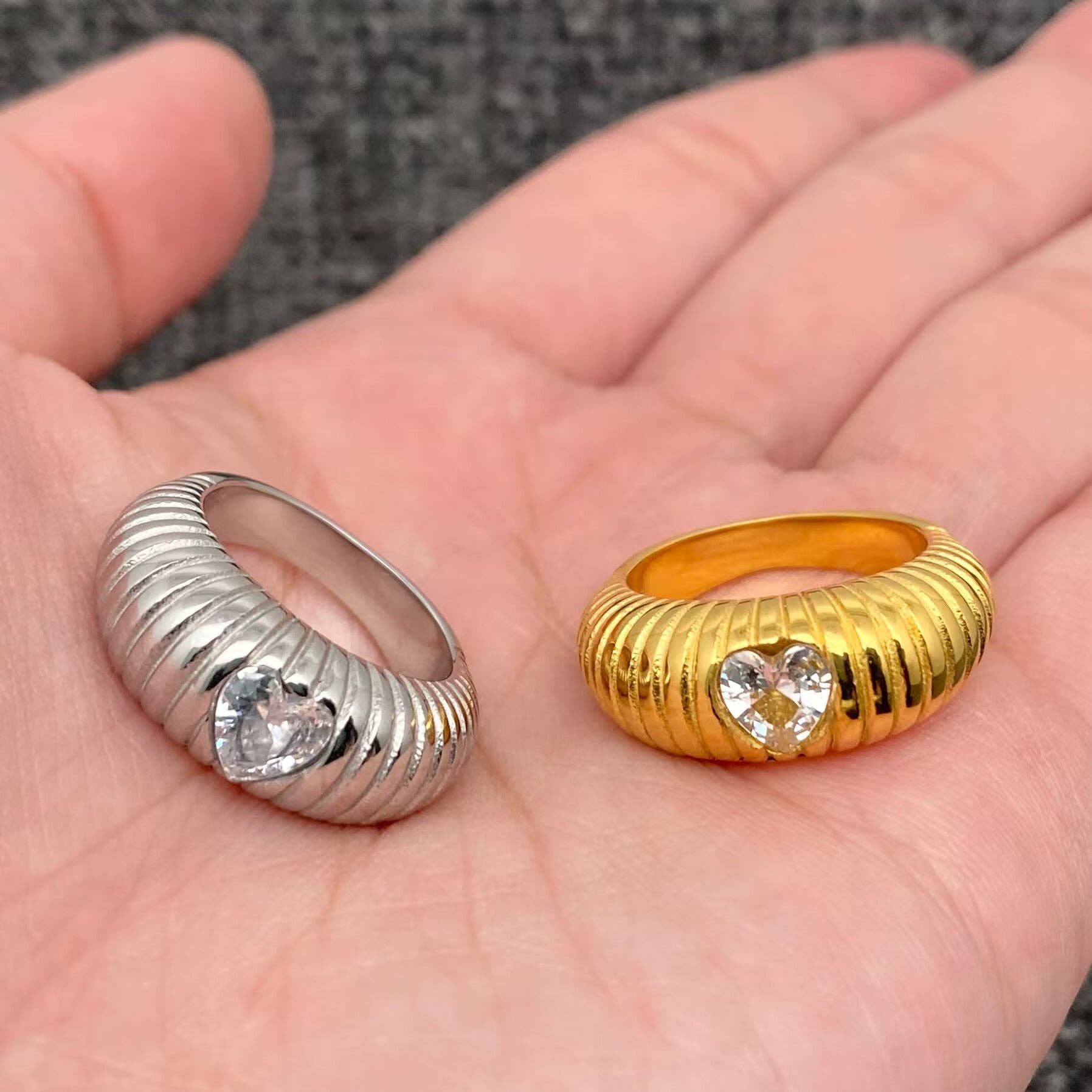 Heart Zircon 18K Gold Plated S.Steel Spiral Texture Ring - FGS: Golden / 8