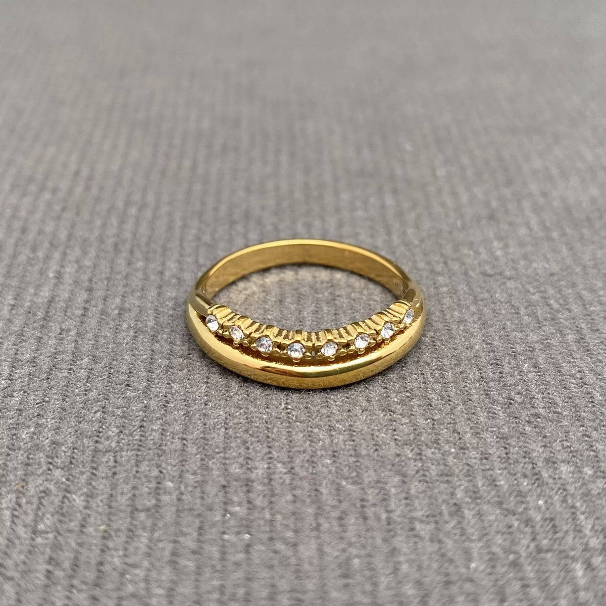 Multiple Zircon Inlaid 18K Gold Plated Stainless Steel Ring - FGS: B / 8