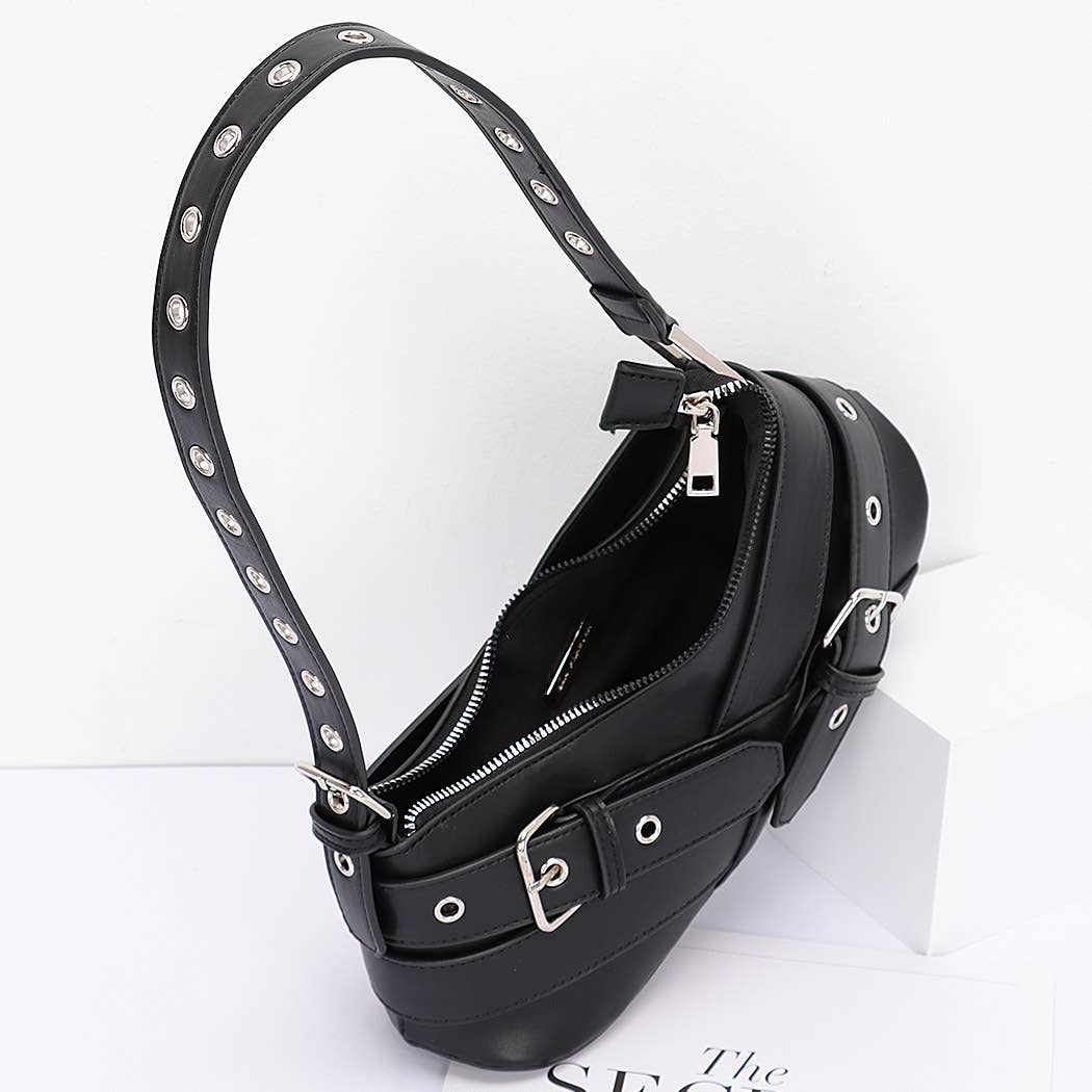Faux Leather Burg Multi Buckles Shoulder Bag