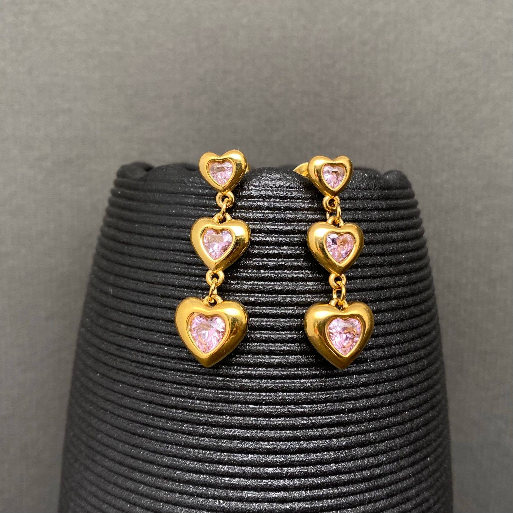 Zircon Inlaid Heart 18K Gold Plated S.Steel Earrings - FGS: Blue