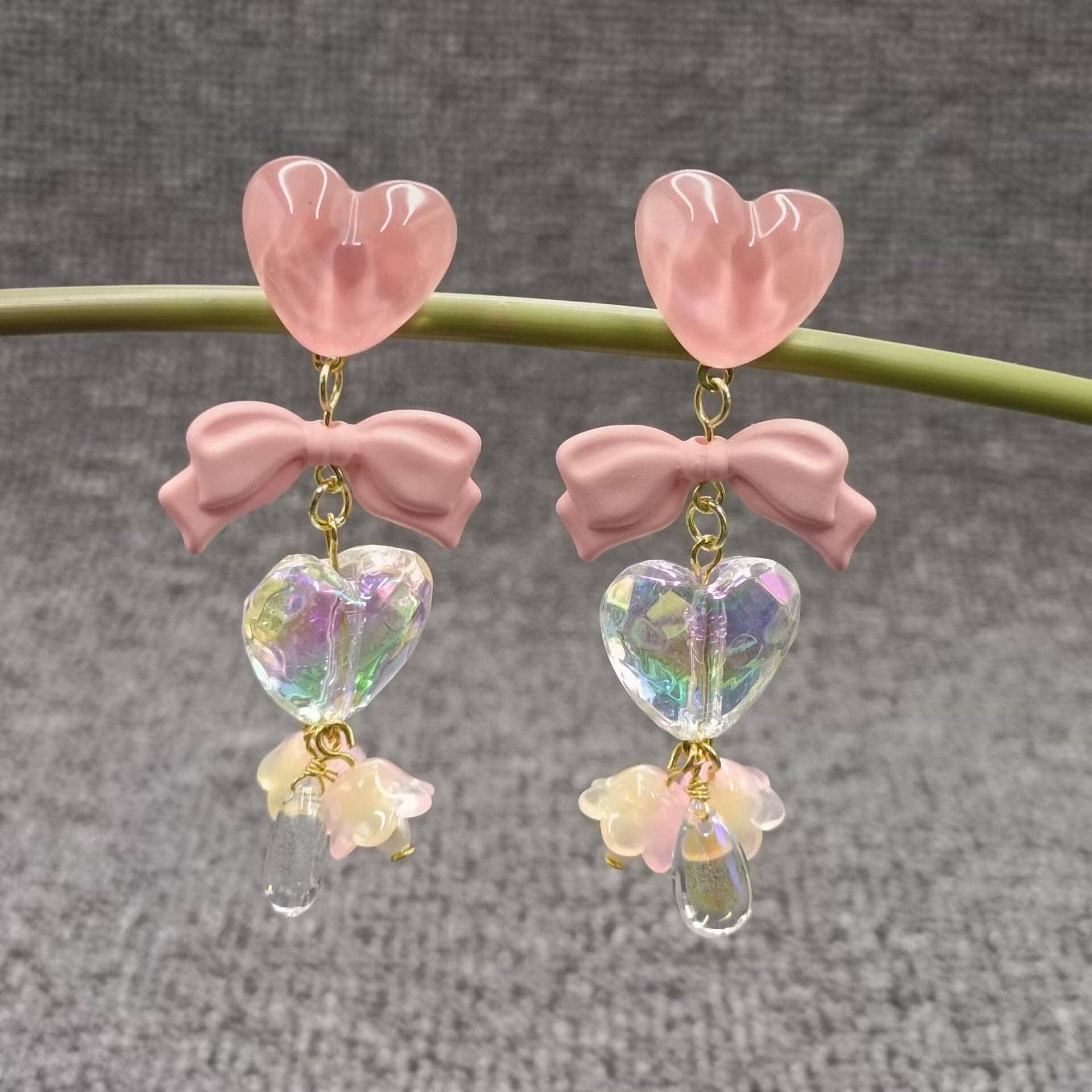 Flower & Heart & Bow Linked Dangle Earrings  - YK