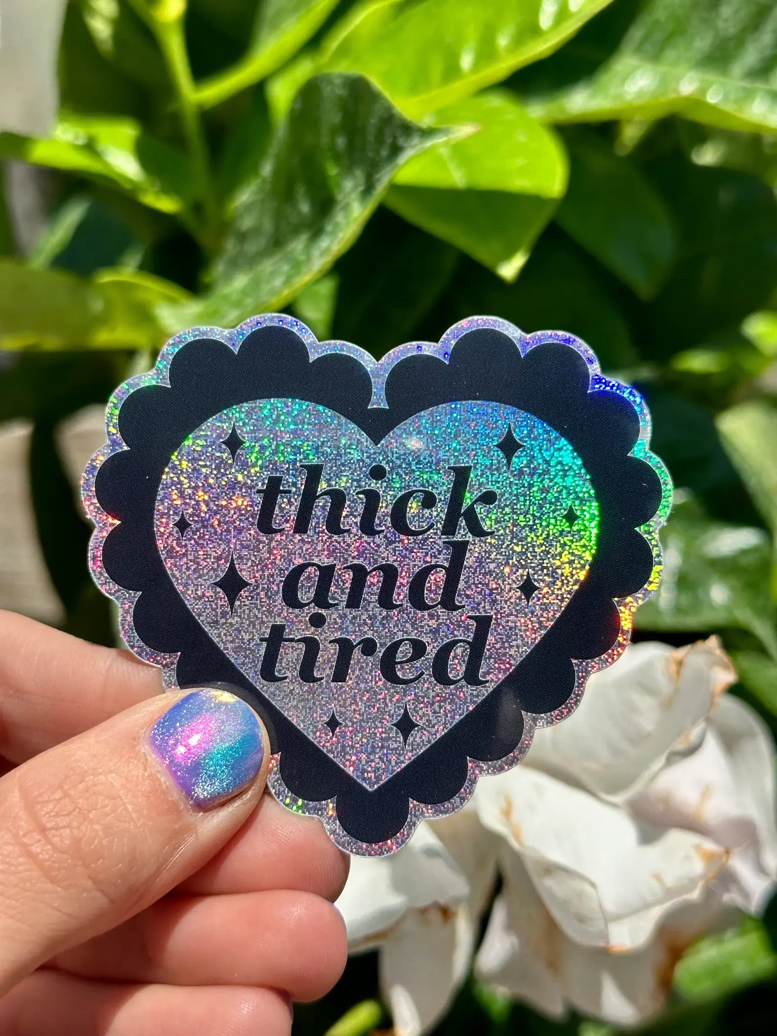 Thick And Tired Glittery Scalloped Heart Sticker