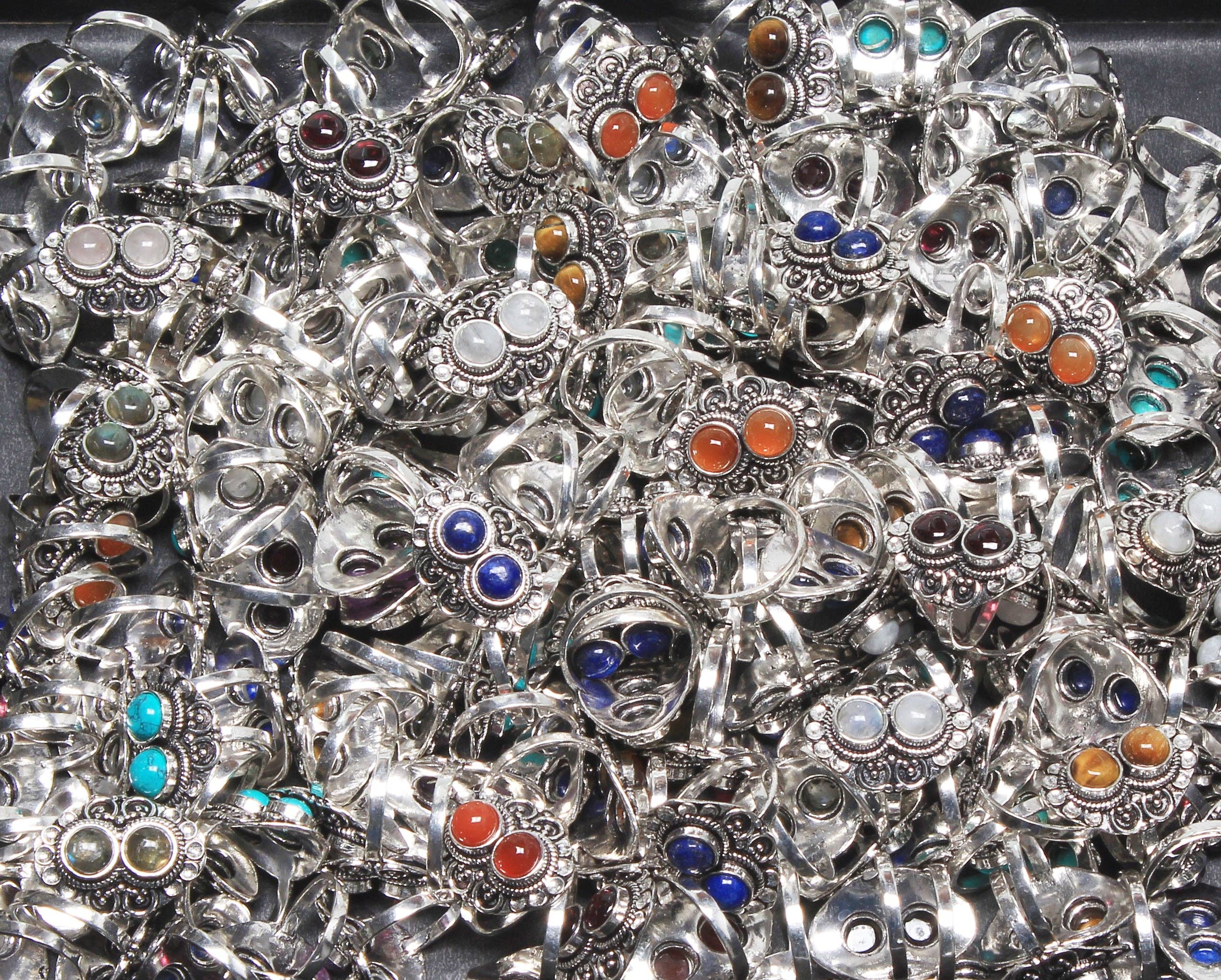 Bohemian Crystal Rings Set - Silver Plated, Mixed Sizes, Assorted Designs: Gold / 10 Rings