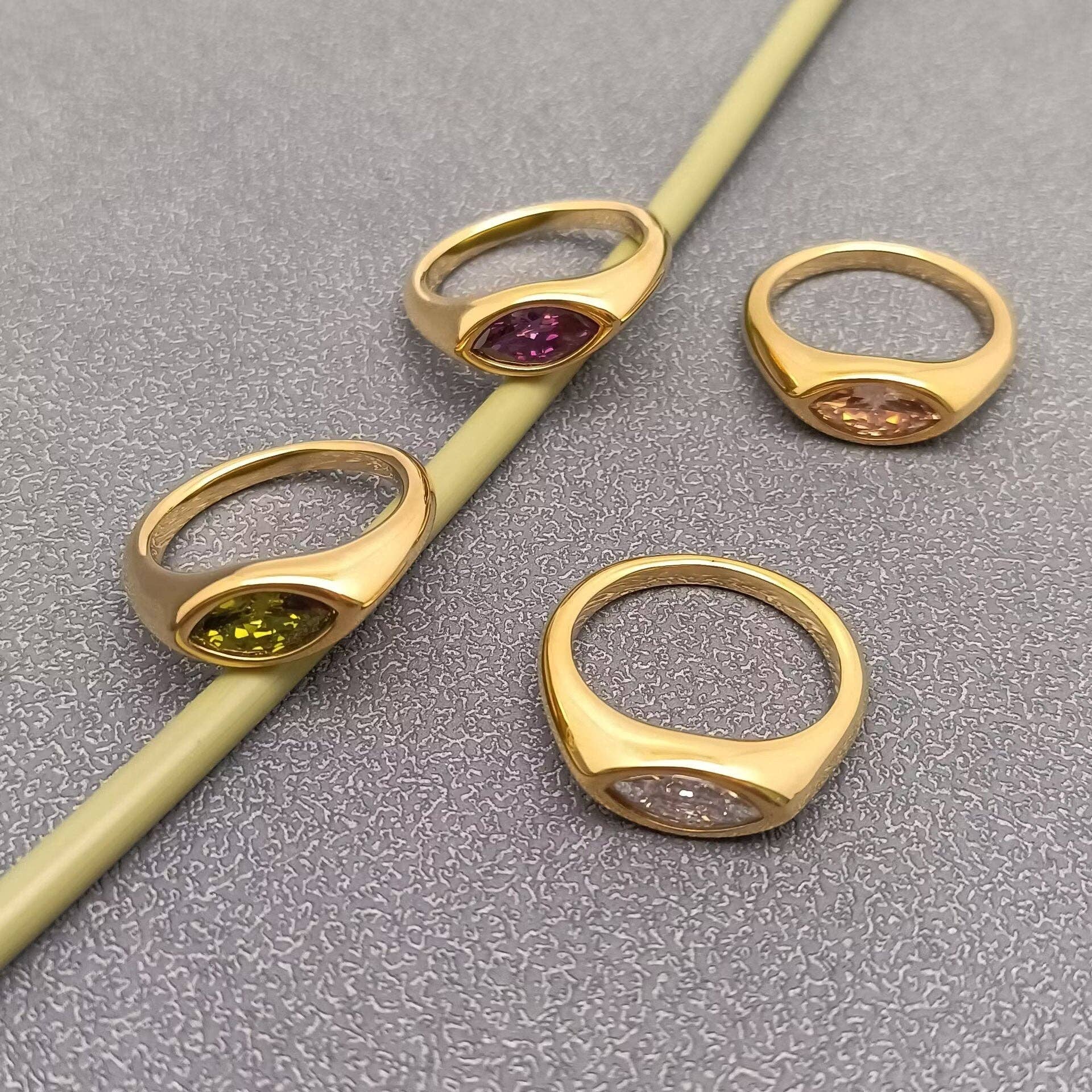 FGS - Horse Eye Zircon 18K Gold Plated Stainless Steel Ring: Purple / 8