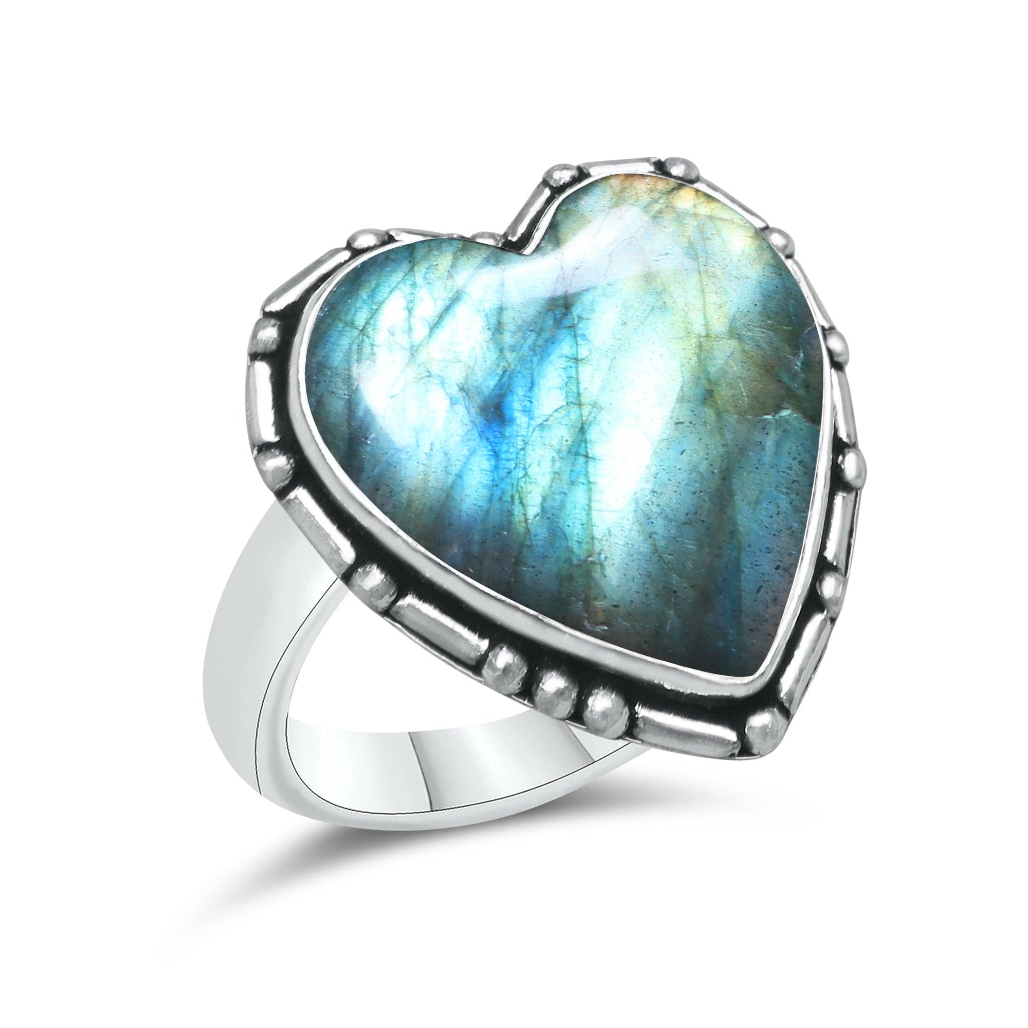 Labradorite Heart Rings – Silver-Plated, Handmade, Blue Flash (US Sizes 6–10, Non-Adjustable) | Wholesale: 10 Rings
