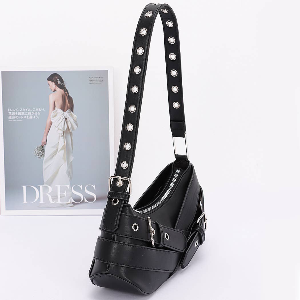 Faux Leather Burg Multi Buckles Shoulder Bag