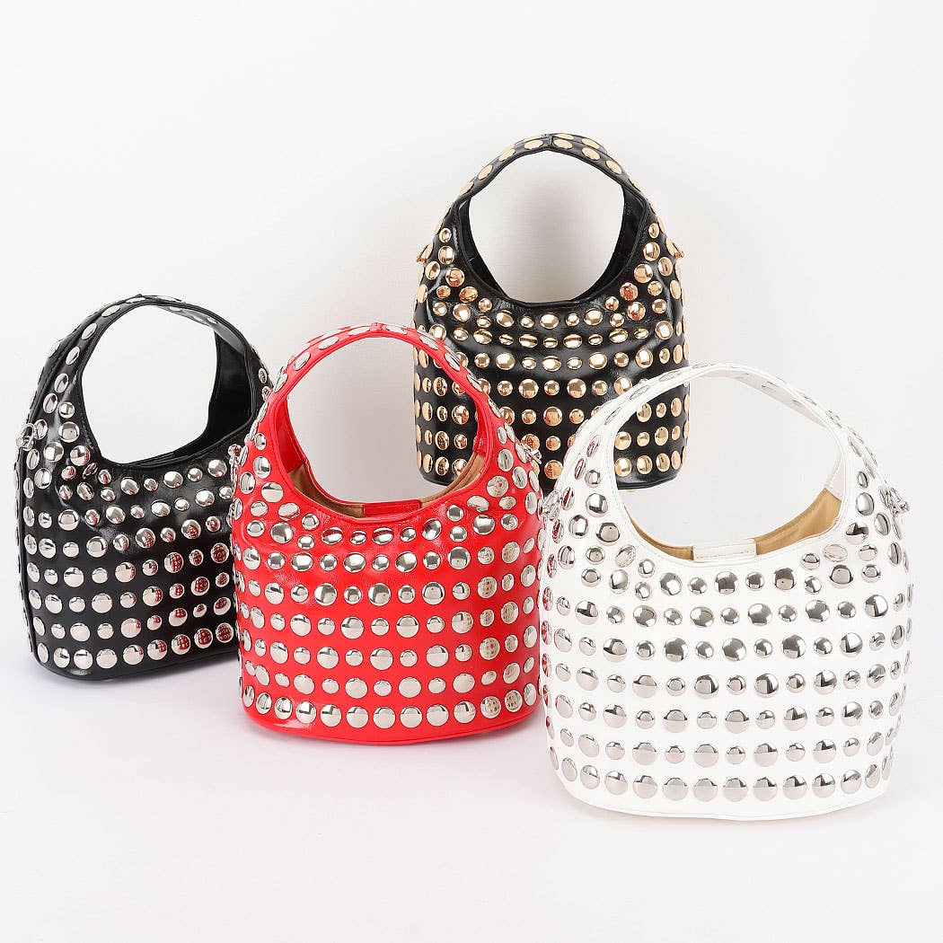Vegan Leather Metal Studded Hobo Bag: BKSL