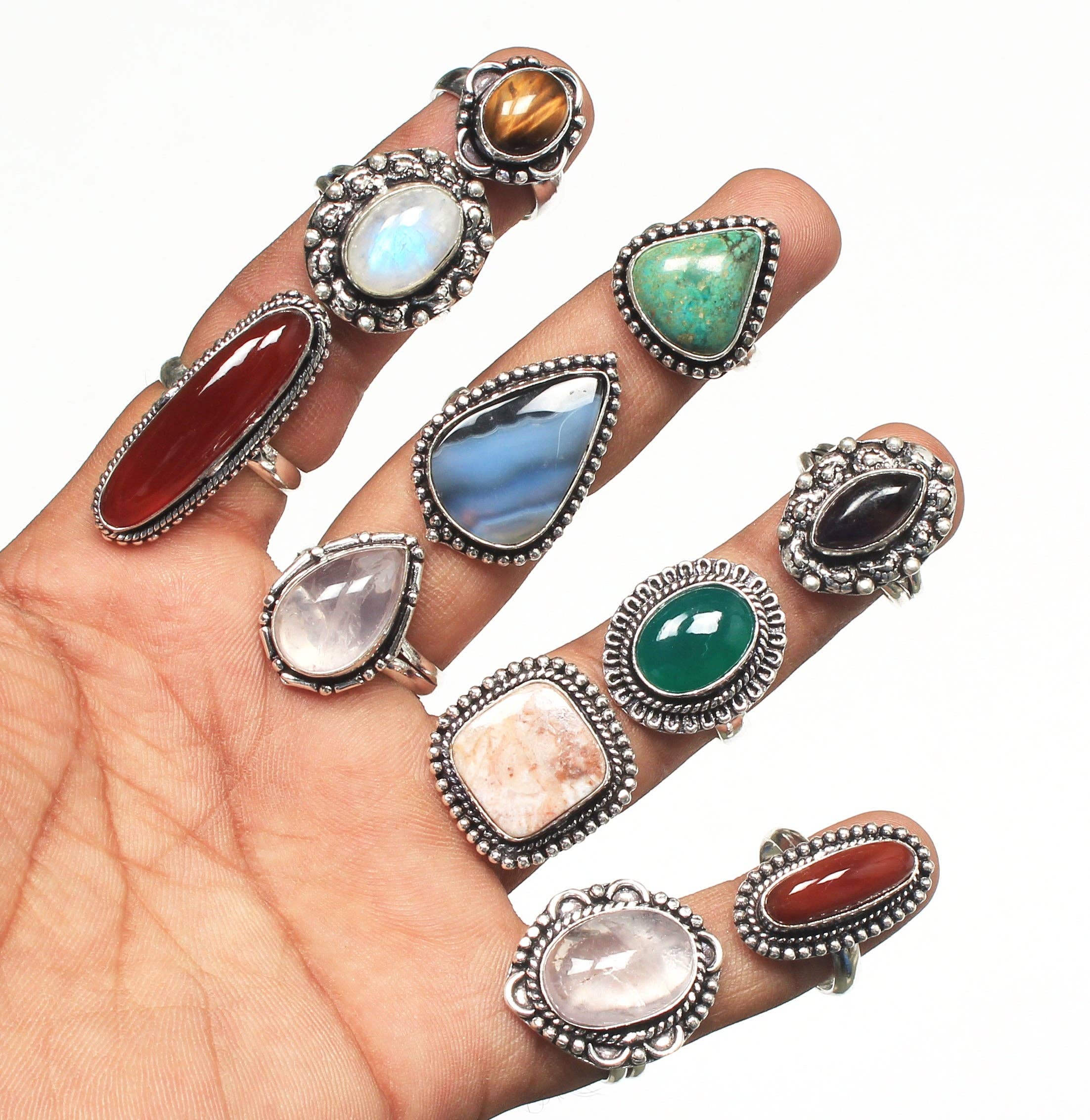 Bohemian Crystal Rings Set - Silver Plated, Mixed Sizes, Assorted Designs: Gold / 10 Rings