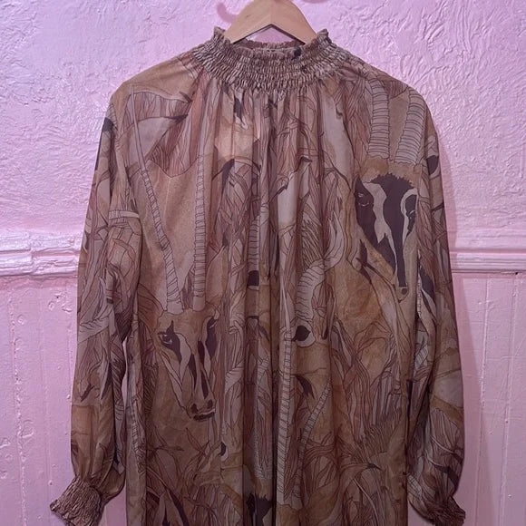 Viden Harp Dress O/S size 1X/2X Antelope Print Maxi Long Sleeve Dress