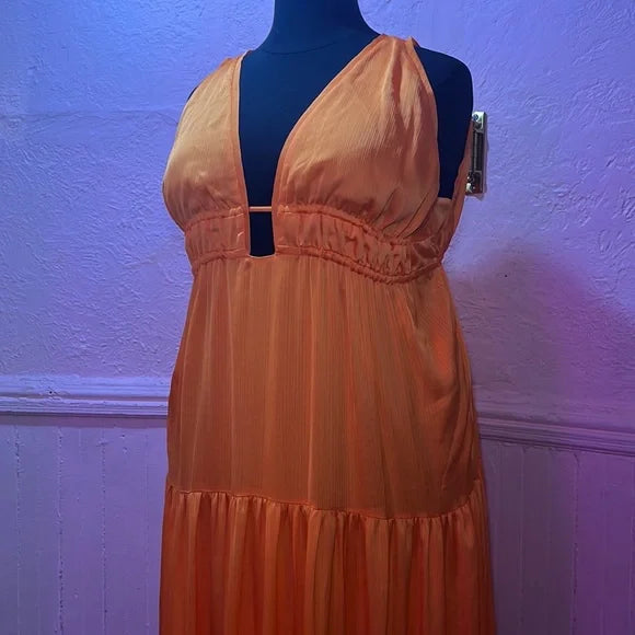 BCBG NWT Max Azria Kameron Tangerine Orange VNeck Tiered Maxi Dress sz 48 XXL 2X