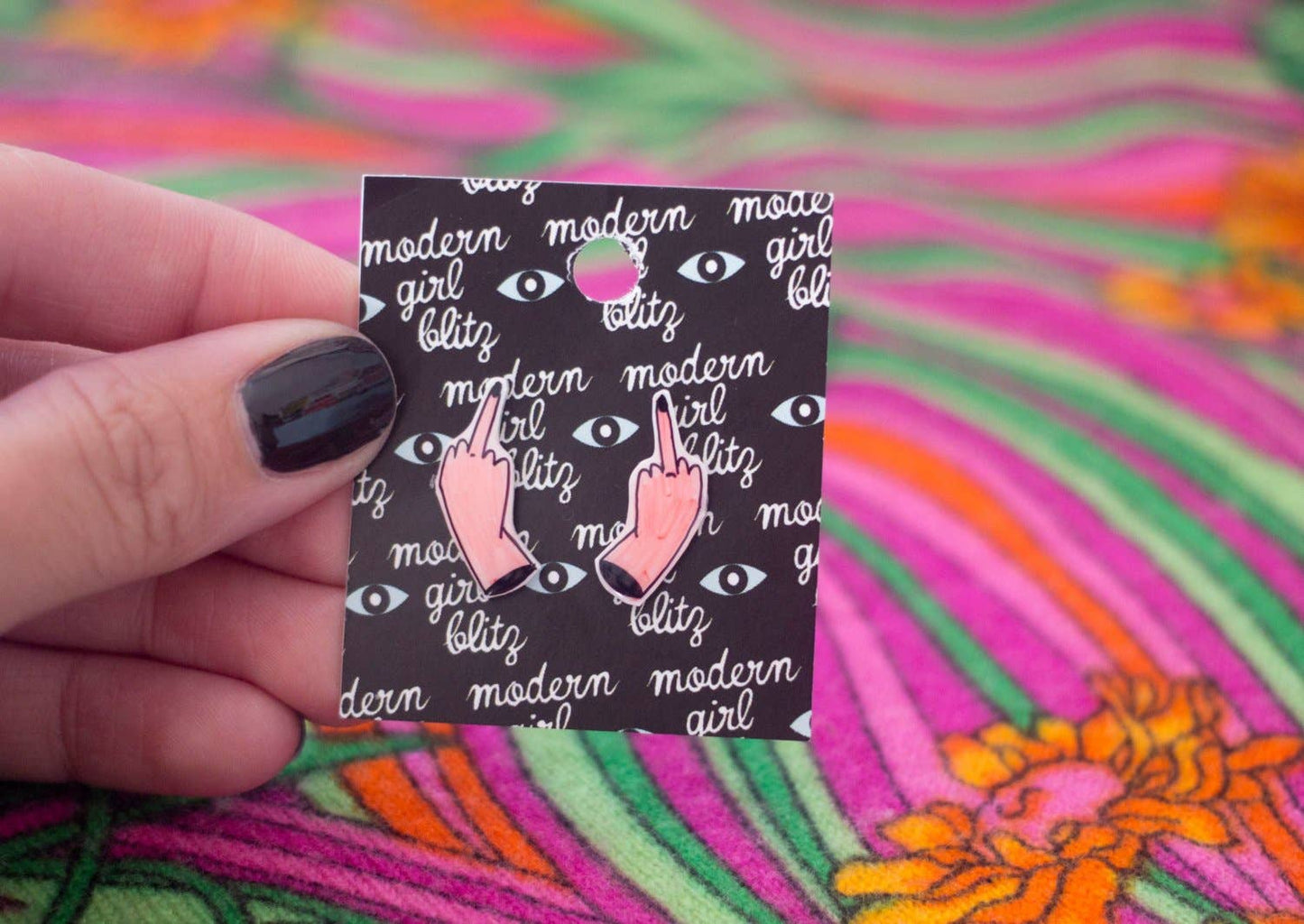 Midge Blitz - Little Middle Finger Handmade Earrings in Pink