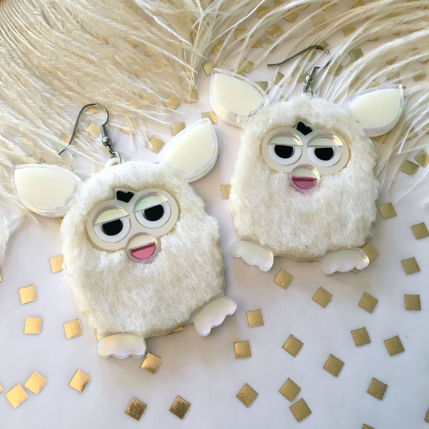 I'm Your Present - Furry Furby Earrings, Laser Cut Acrylic, Plastic Jewelry
