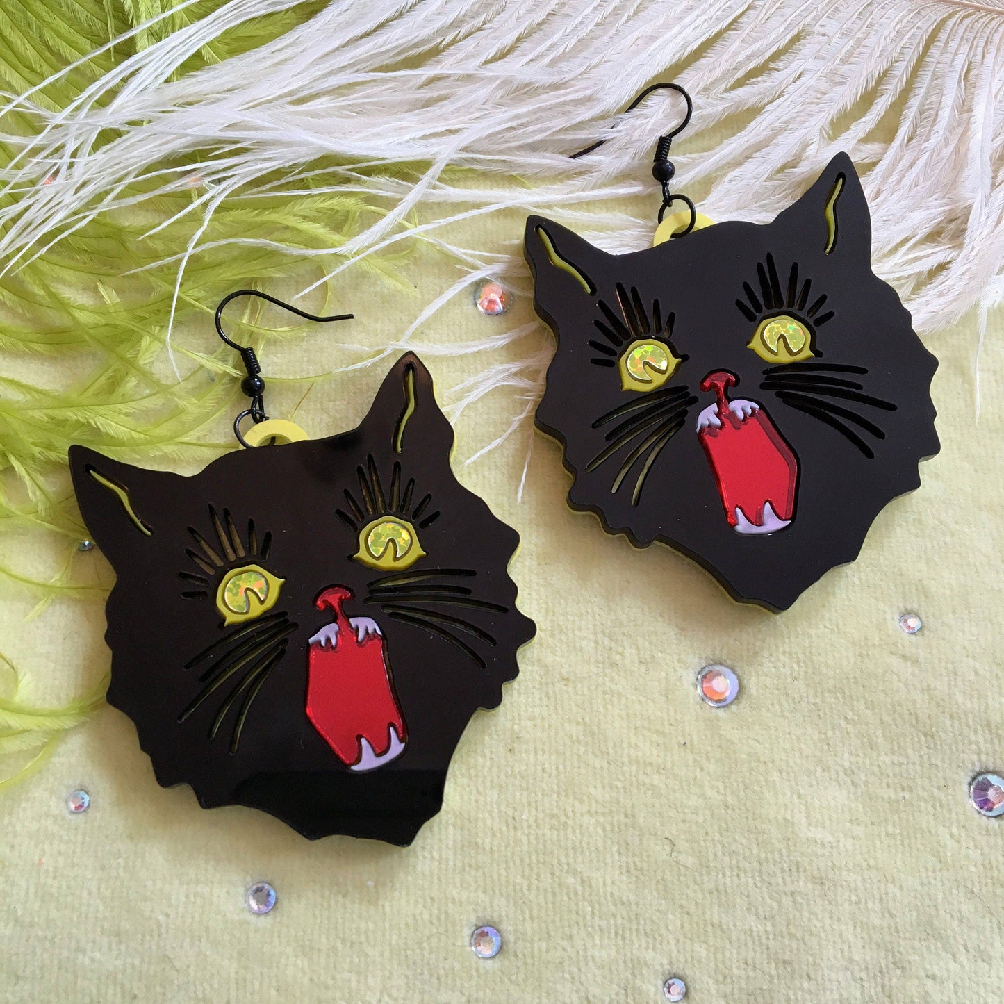 I'm Your Present - Scary Cat Earrings, Laser Cut Acrylic, Plastic Jewelry