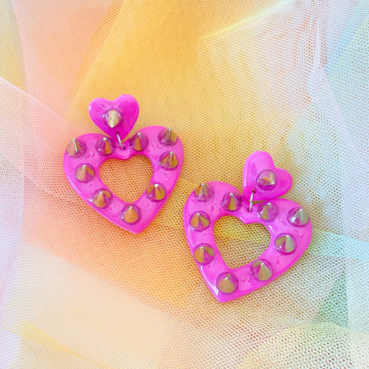 Studded Punk Heart Polymer Clay Dangle Earrings in Hot Pink