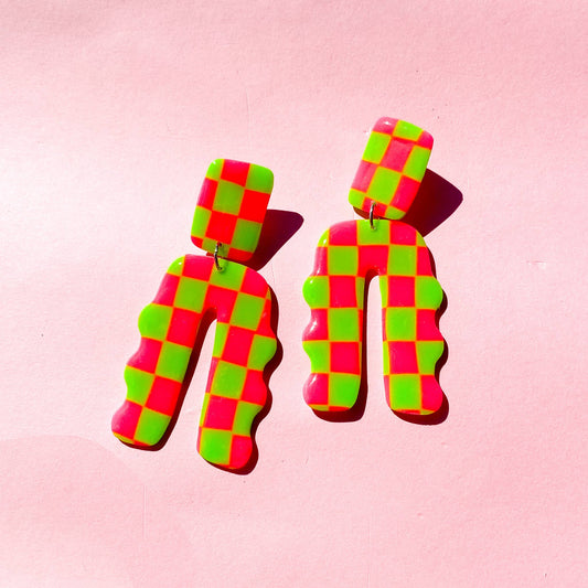 Neon Green and Pink Clay Checkered Arch Dangle Earrings