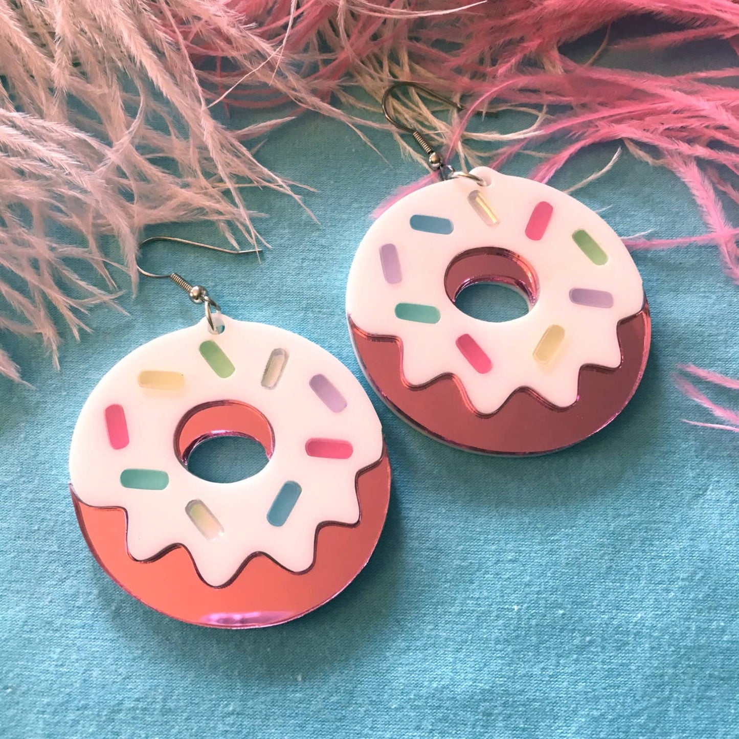 I'm Your Present - Pink Mirrored And Pastel Sprinkles Doughnuts Laser Cut Acrylic Earrings