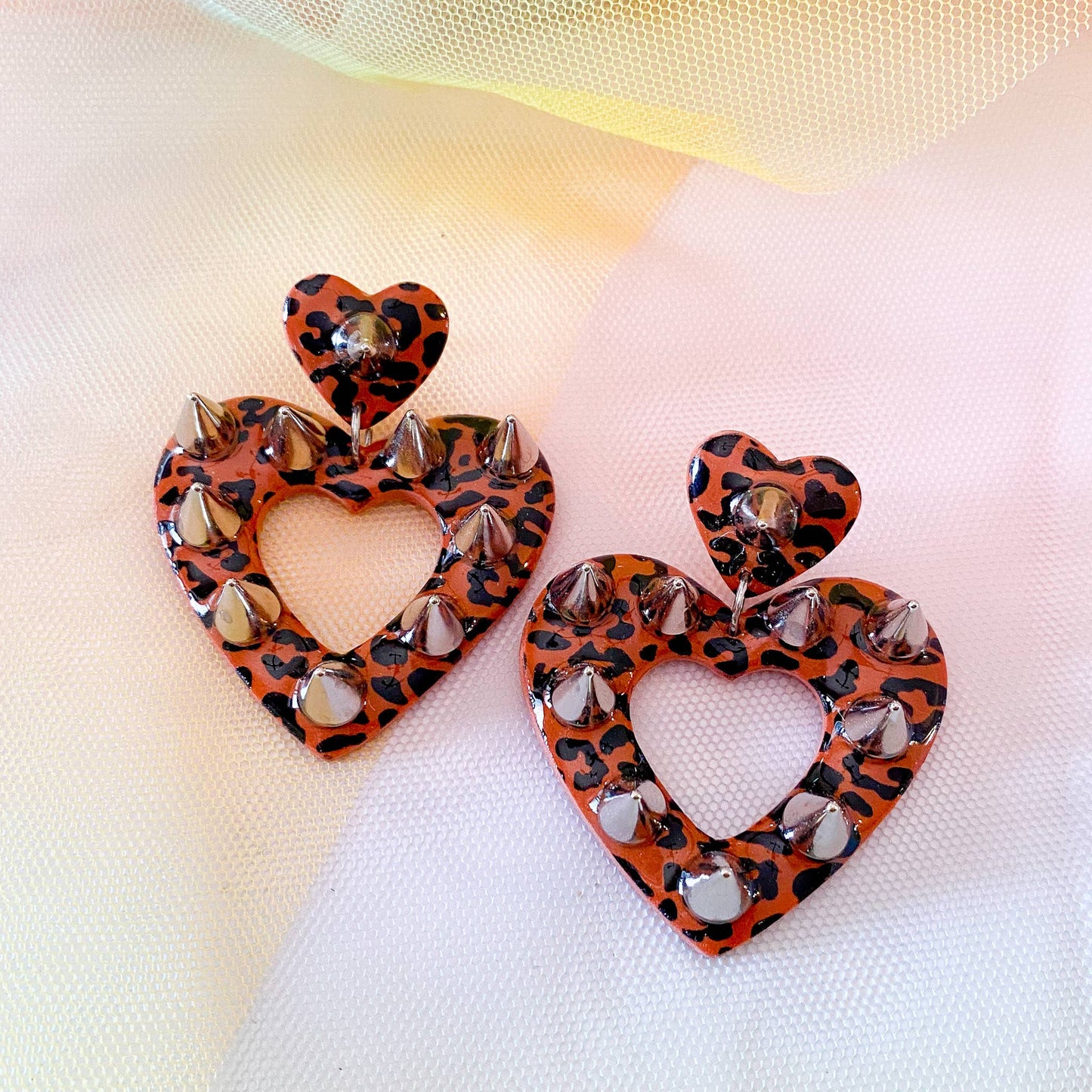 Studded Punk Heart Dangle Earrings in Leopard Print