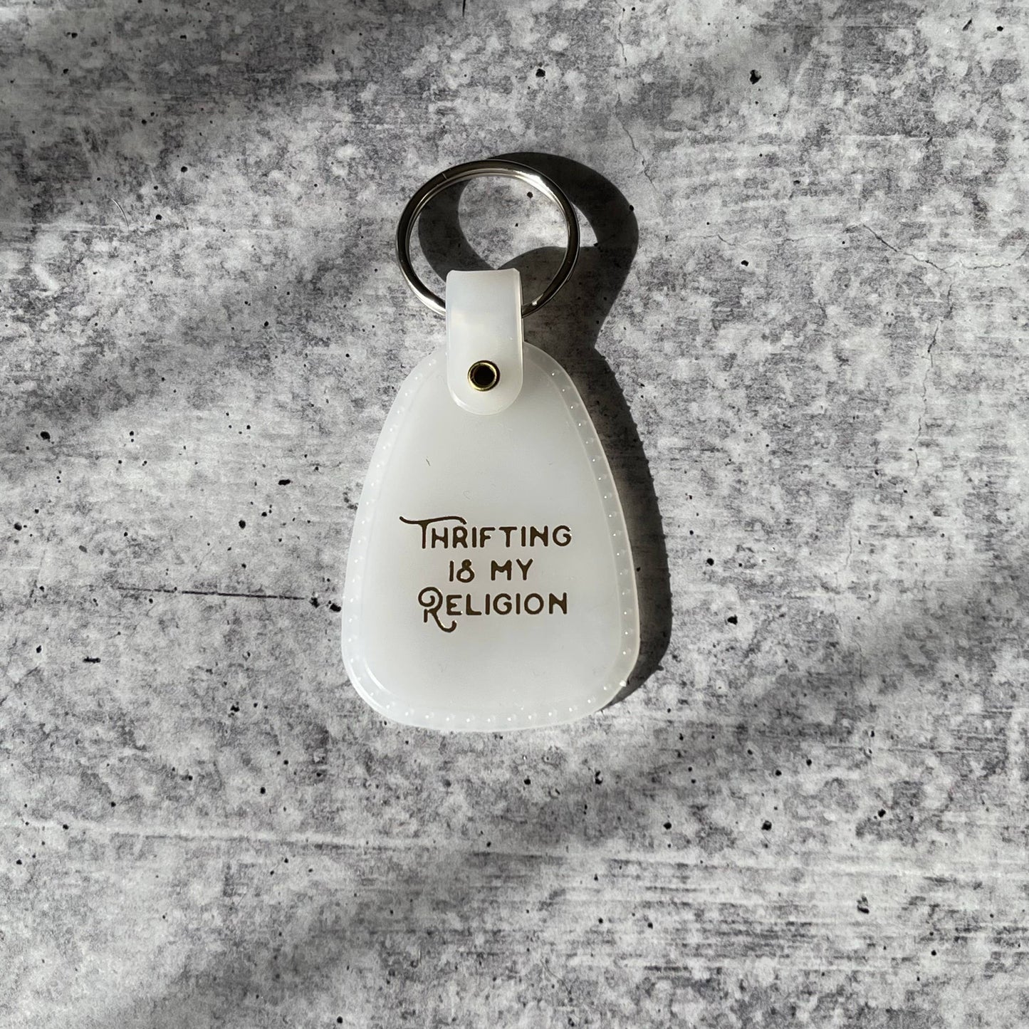 The Silver Spider - Thrifting is my religion Saddle Keychain made in America