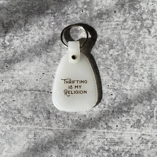 The Silver Spider - Thrifting is my religion Saddle Keychain made in America