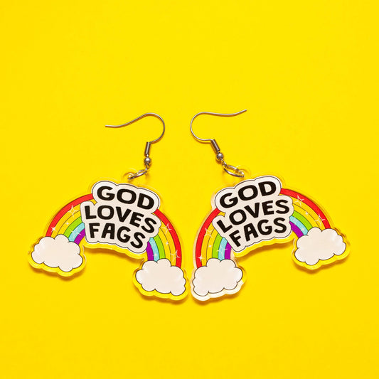 Crafty Queer Studio - God Loves Fags LGBTQ+ acrylic earrings