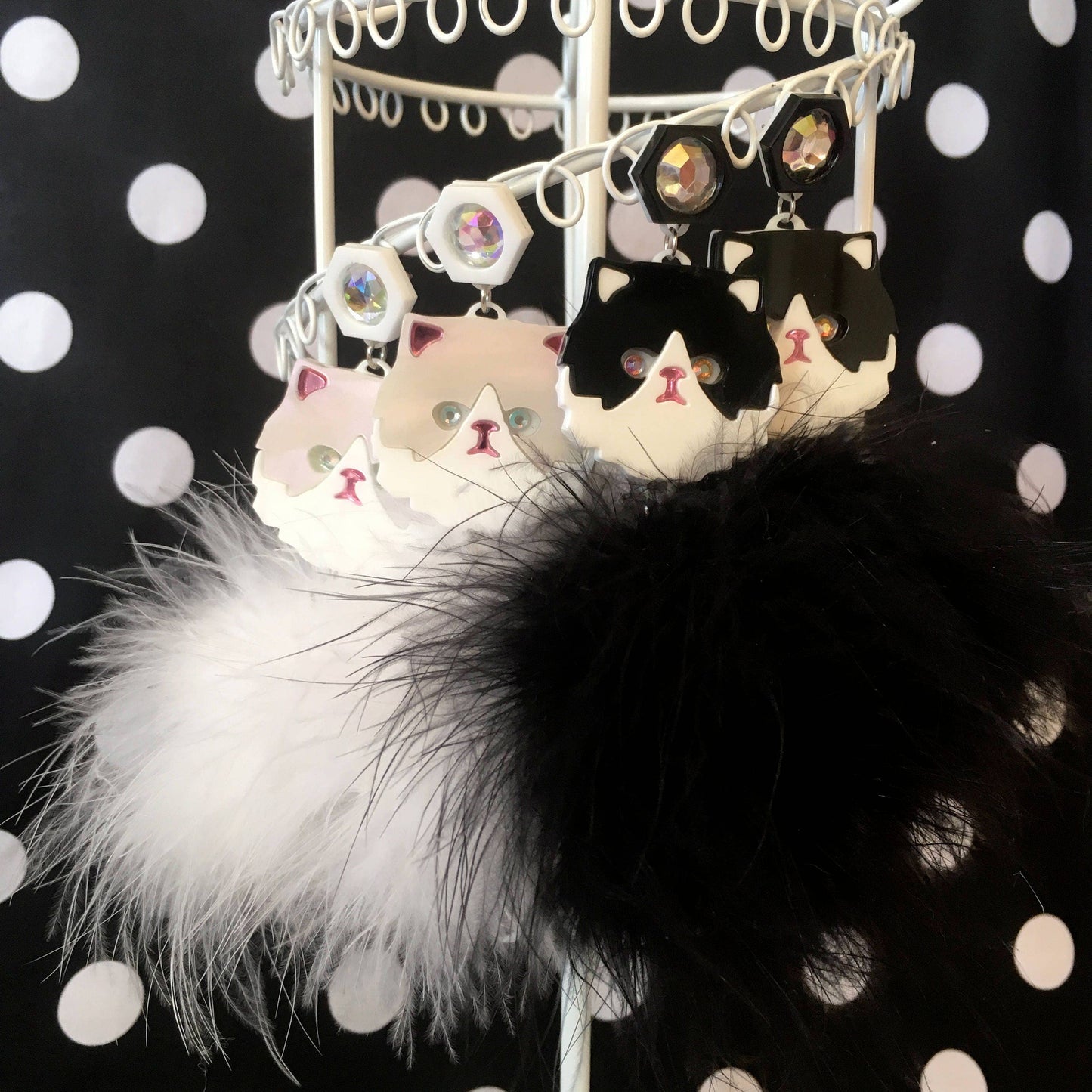 I'm Your Present - Persian Kitty Cat And Pom Pom Earrings In White Or Black & White, Laser Cut Acrylic, Plastic Jewelry