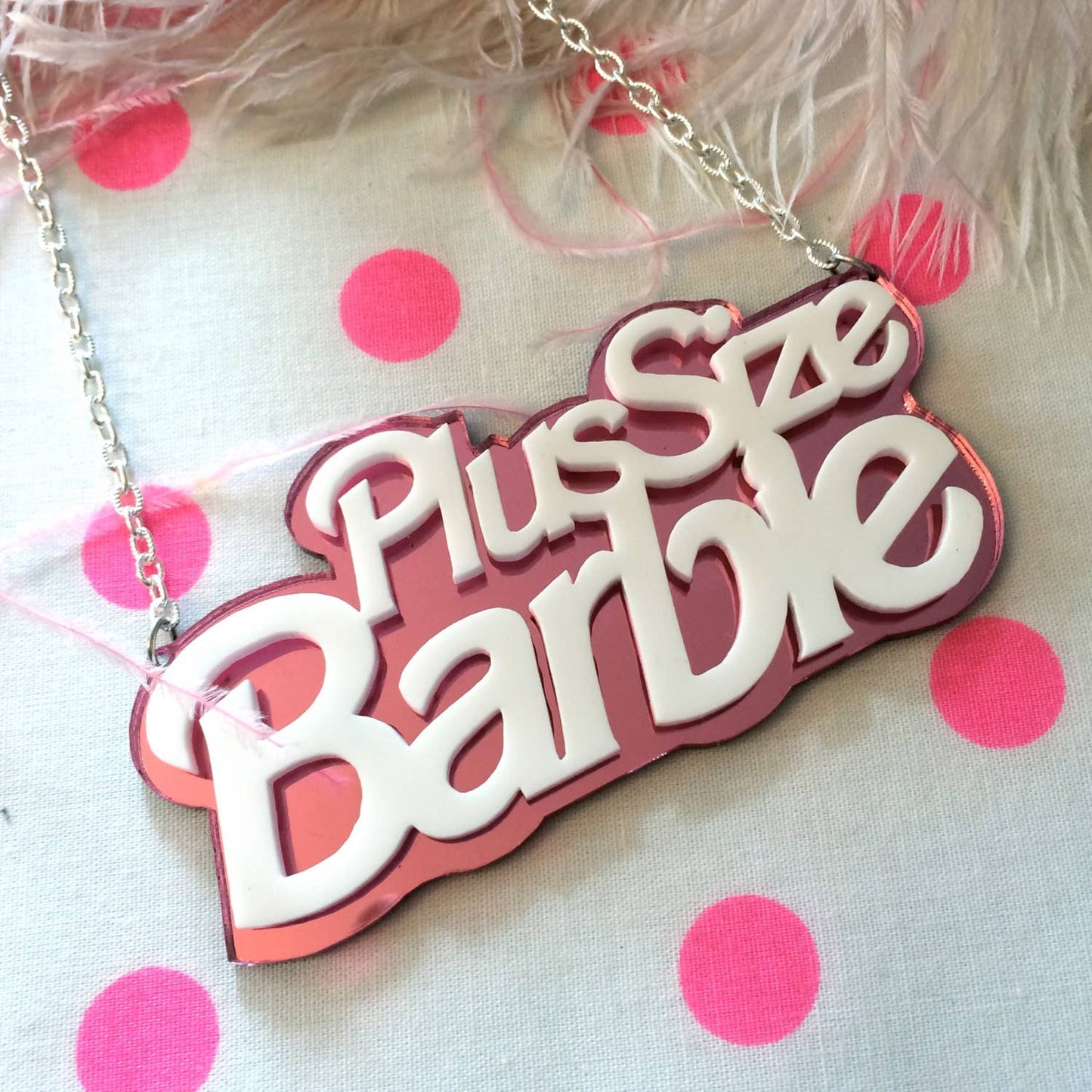 I'm Your Present - Plus Size Barbie Acrylic Necklace In Pink Mirror And White, Laser Cut Acrylic, Plastic Jewelry